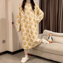 

Disney Cartoon Winnie the Pooh Cute Kawaii Nightgown Women 2022 Spring New Fleece Thick Warm Loose Midi Women's Home Dress Cloth