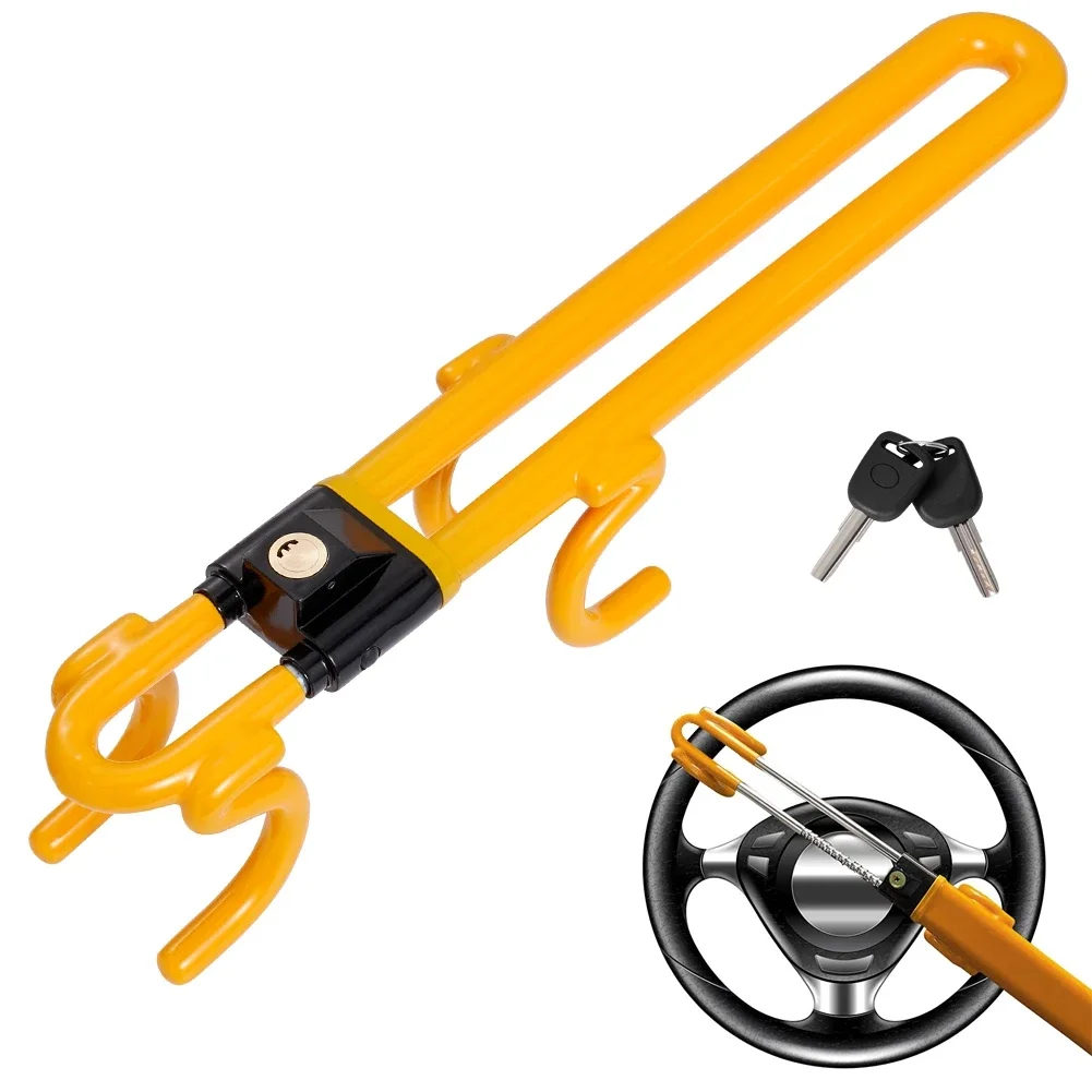 Vehicle Anti-Theft Security Lock with Adjustable Length Clamp Double Hook Heavy Duty Steering Wheel Lock for Car Van