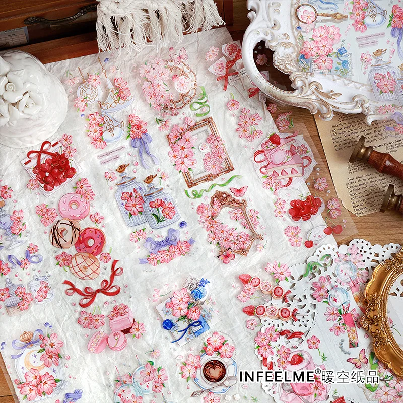 6Pcs Vintage Flower Frame Stickers Pet Collage Junk Journal Planner Pink Clock Cake Sticker Album Fotografico Materiale Scrapbooking