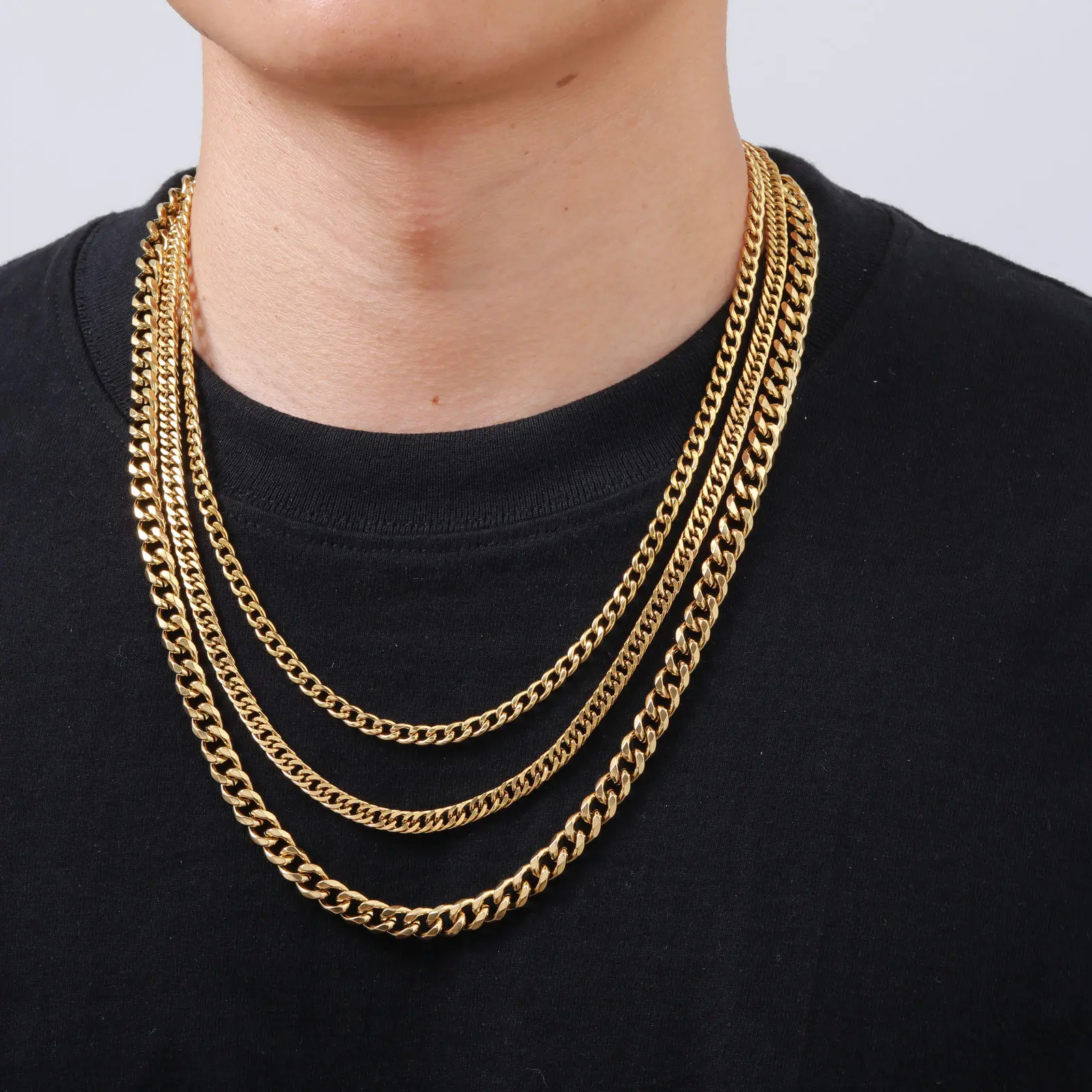 Vnox 50/55/60cm Ketten-Halsketten-Set, Silber-Gold-Farbener Edelstahl-Basis-Halsreif, 3-teiliges Set Halsketten-Schmuck Geschenk für Männer und Frauen – Detail 13