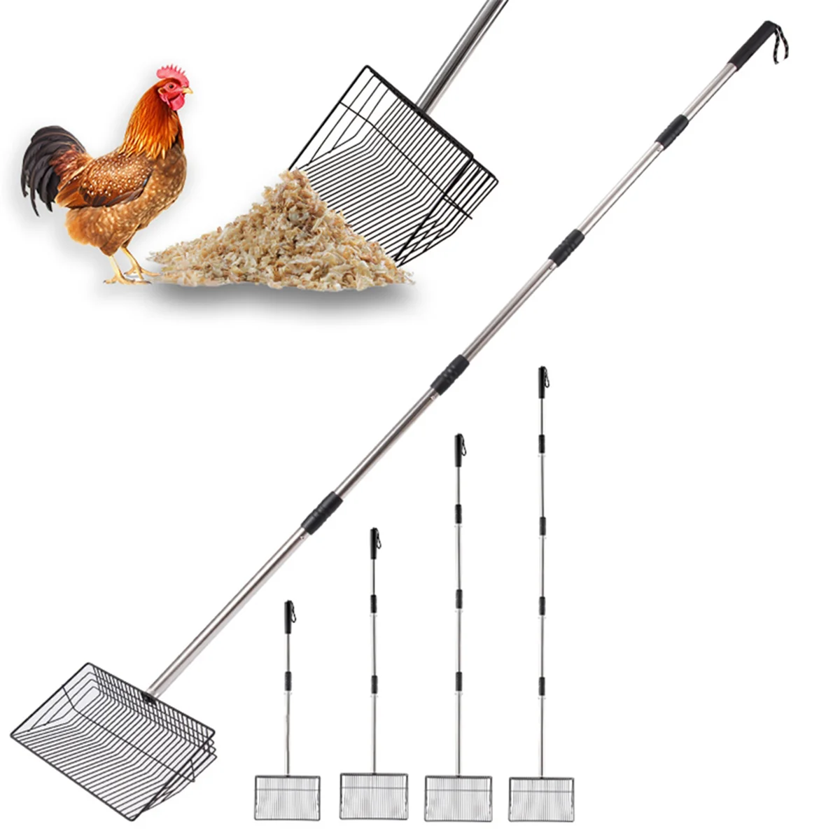 SEMOIC 10inch Large Chicken Poop Scooper, 24 to 68in Long Chicken Coop Litter Scoop with Stainless Steel Handle, Sifting Shovel