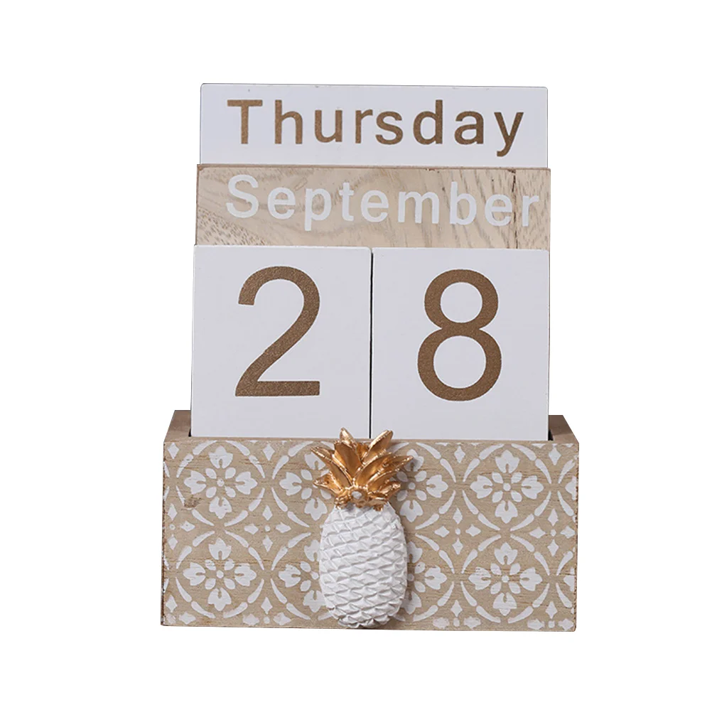 

Chic Vintage Calendar Retro Gold Decor Wooden Crafts Block Perpetual Desk Office
