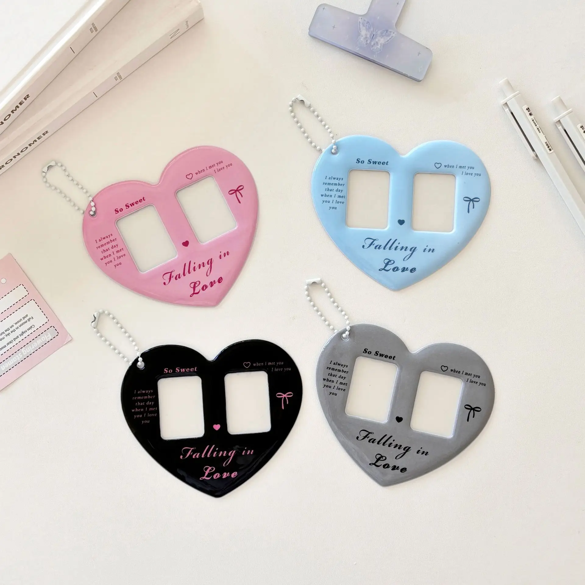 Cute double heart love 1 inch photo CP card sleeve double lattice heart card sleeve key chain pendant 4