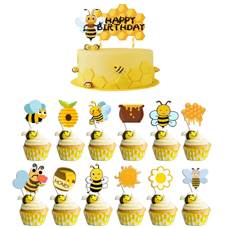 

Bee Theme Party Decoration, Honeycomb Cake Insert, Kid's Birthday Props,Honey Bee Cake Toppers,Bee Happy Birthday Cake Inserts
