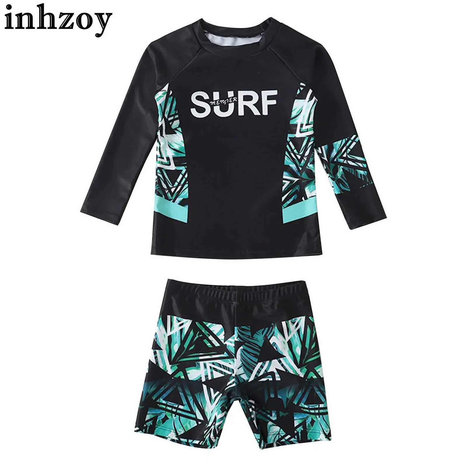 

Kids Boys 2Pcs Swimsuit Rash Guard Long Sleeve Shirt with Swim Trunks Shorts Sun Protection UPF 50+ Swimming Beach Bathing Suit