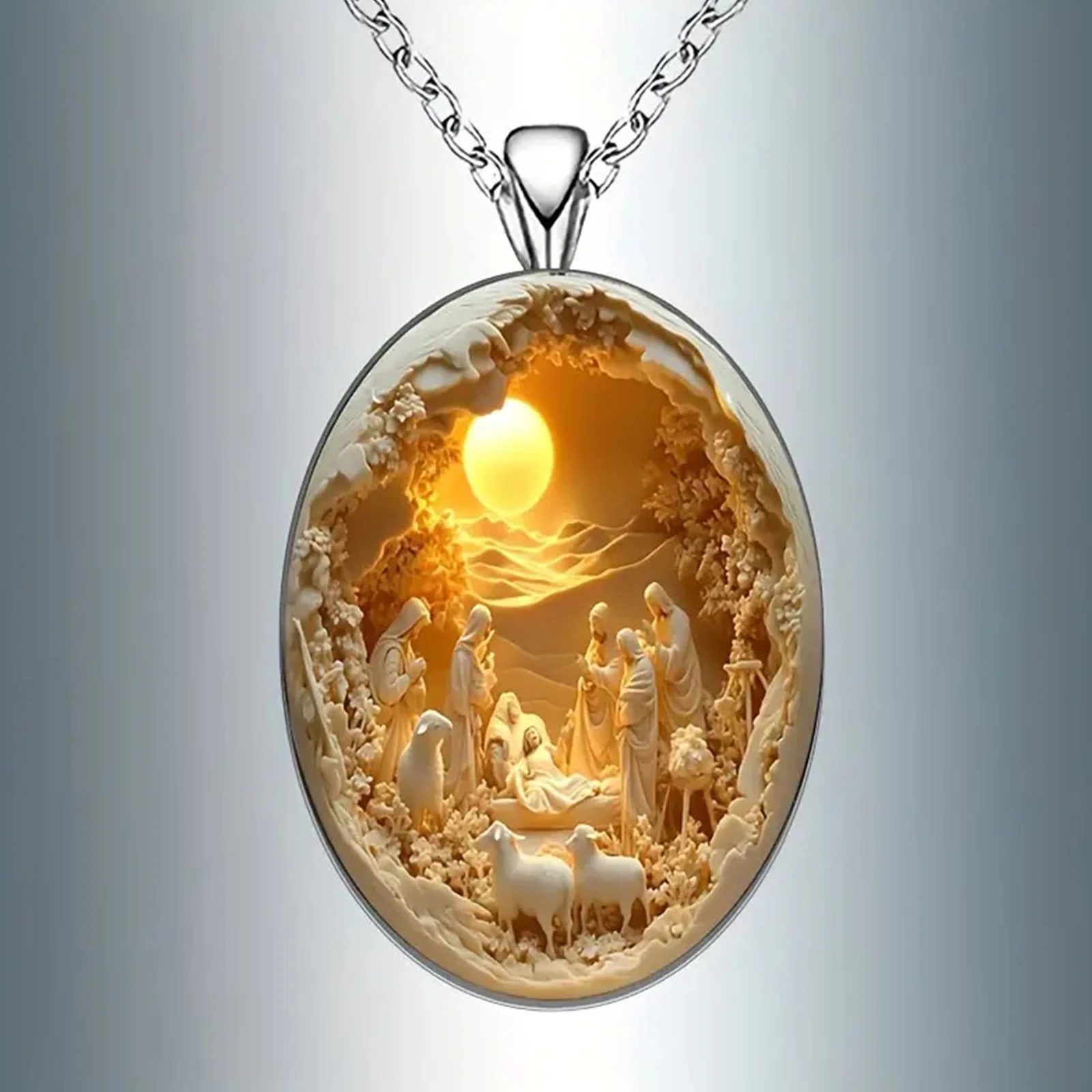 Elegant Oval Pendant Necklace with Mary Joseph & Youngsters Jesus Jesus Nativity Pendant Necklace for Men and Women