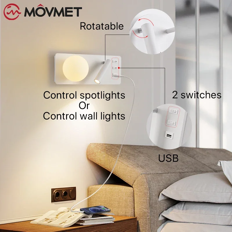 간단한 LED 유리 공 벽 램프 침대 옆 스포트라이트, USB 다리미 알루미늄, 침실 거실 주방 독서 램프, 복도 계단