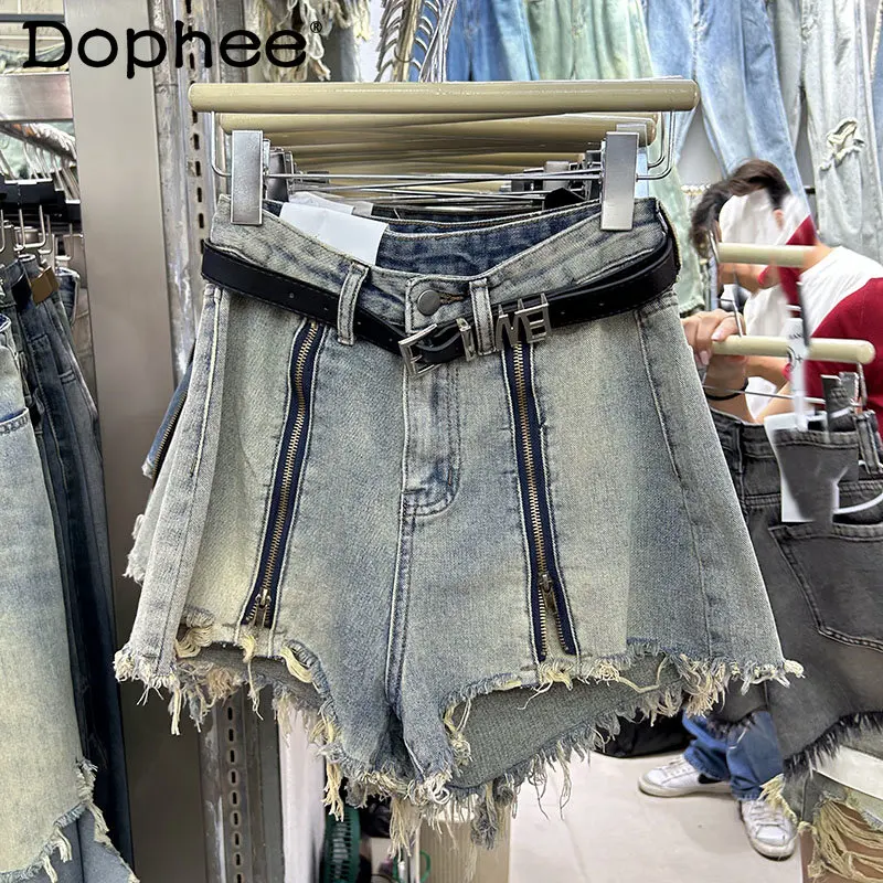 

Design Sense Niche Zipper Denim Shorts Women's American Retro Hot Girl High Waist Slimming Frayed Fashion Booty Pants Summer