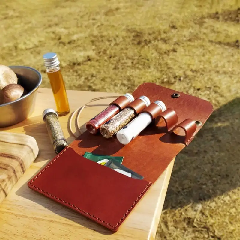 Portable Camping Seasoning Spices Bottle Tableware Leather Storage Bag With 3/5 Cans Holder Portable Kit For BBQ Picnic Kitchen camping cutlery portable tableware seasoning jar portable cutlery titanium tableware seasoning container