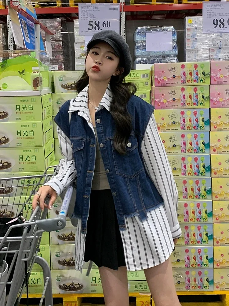 

SuperAen Contrast Denim Vest Fake Two-piece Shirt Women Autumn 2023 New Korean Chic Design Striped Shirts