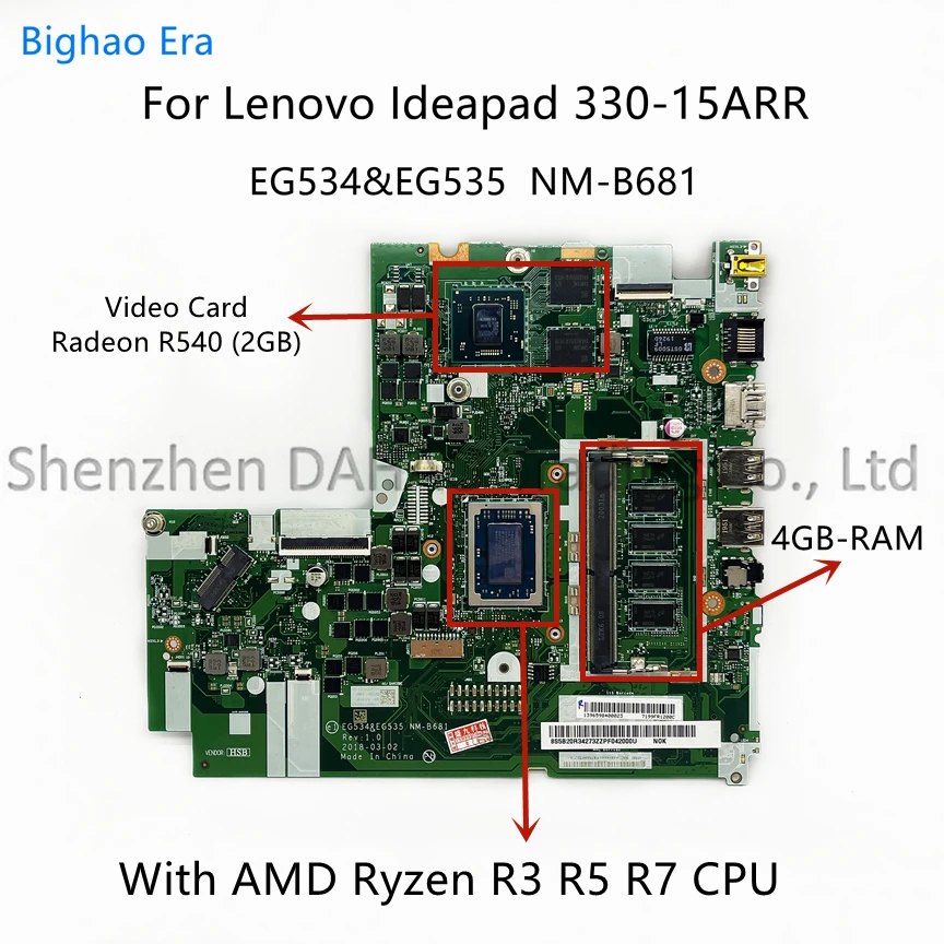 

NM-B681 For Lenovo Ideapad 330-15ARR Laptop Motherboard W/ R3-2200 R5-2500 R7 CPU 4GB-RAM 2GB-GPU DDR4 Fru:5B20R34269 5B20R56768