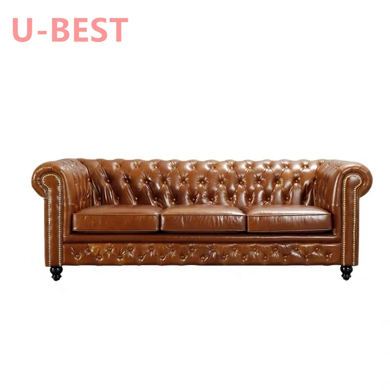 U-BEST Europe Classic Vintage 3 Seat Living Room Couch Leather Sofa Luxury Chesterfield Sofa Sectional Cama 2 Plazas