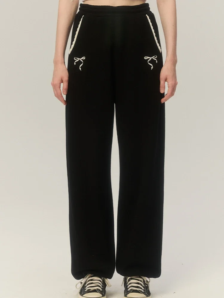 

Korean Fashion Bow Embroidery Wide Leg Pants Women Oversize Retro Lace Joggers Straight Trousers Casual Black Training Sweatpant