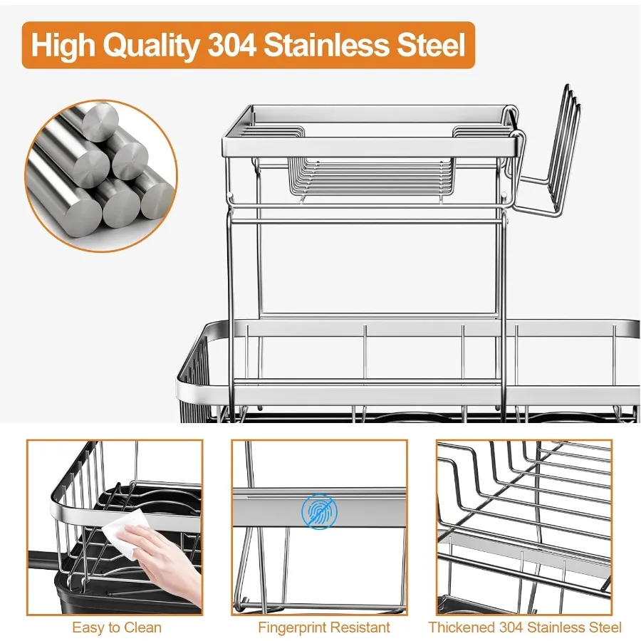 Dish Drying Rack Kitchen 2Tier 304 Stainless Steel Dish Racks for Kitchen CounterDish Strainer with Adjustable Draining Tray Dr