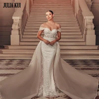 Elegant Shiny Tulle Off Shoulder Sweetheart Mermaid Wedding Dresses Beading Embroidery Appliques Lace 2 In 1 Bridal Gown 1