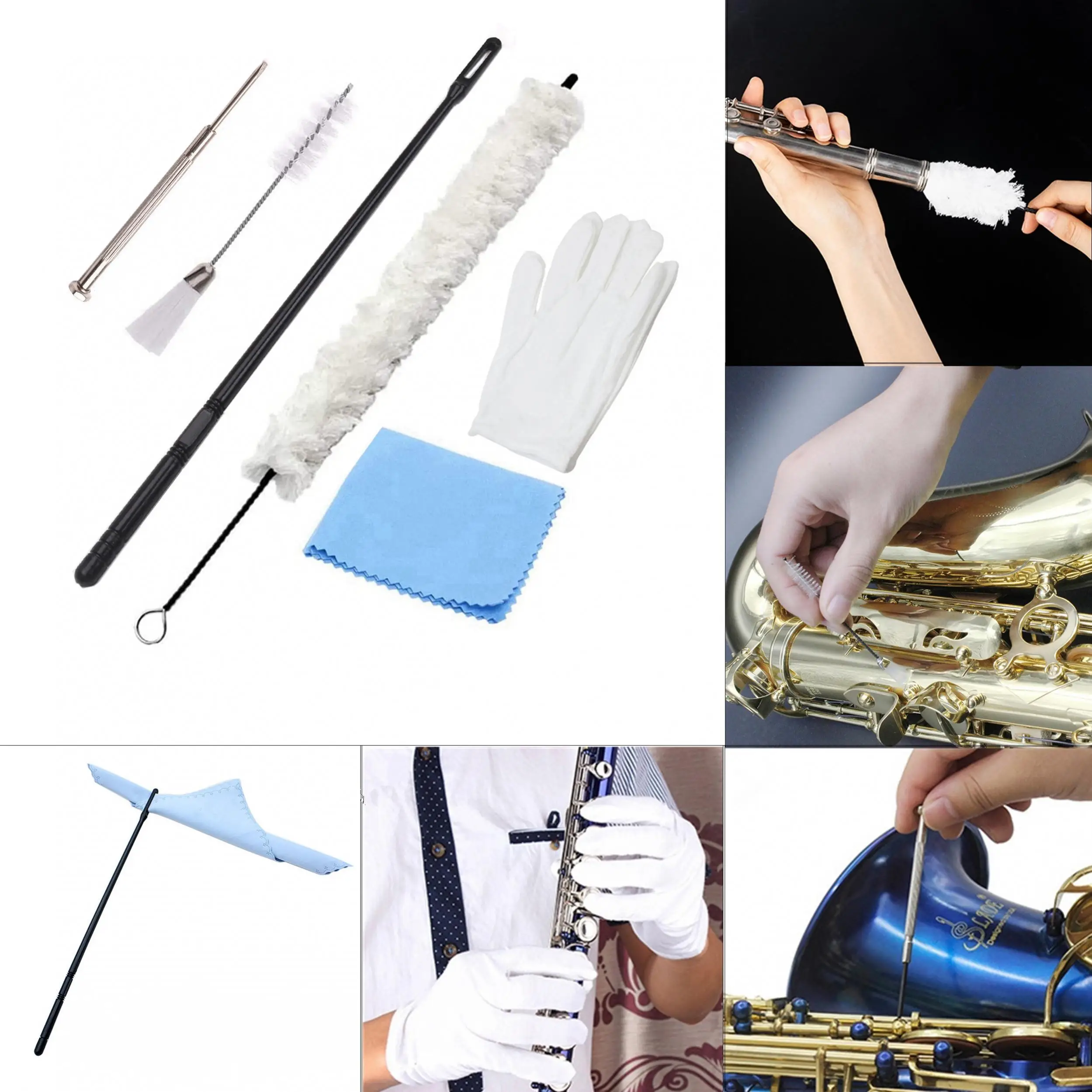 Saxophone accessories clarinet accessories saxophone cleaning tools saxophone cleaning cloth 7Pcs Multifunctional Flute Saxophone Clarinet Flute Cleaning Kit with Cleaning Brush /Rod /Screwdriver /Gloves /Cloth