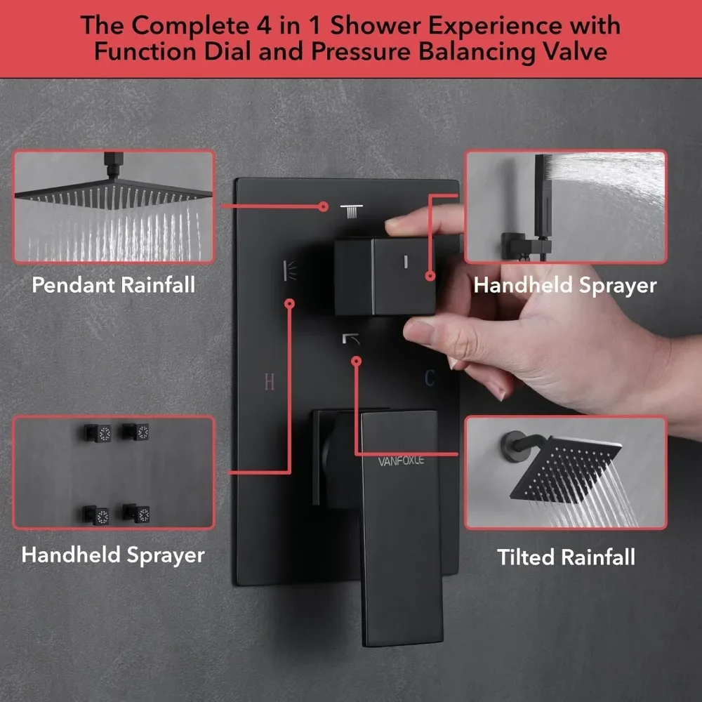 shower head， Shower Faucet Set Four Modes Shower Faucet with 2 in 1 Handheld,Ceiling Mount 10 Inch Head with 6 Inch