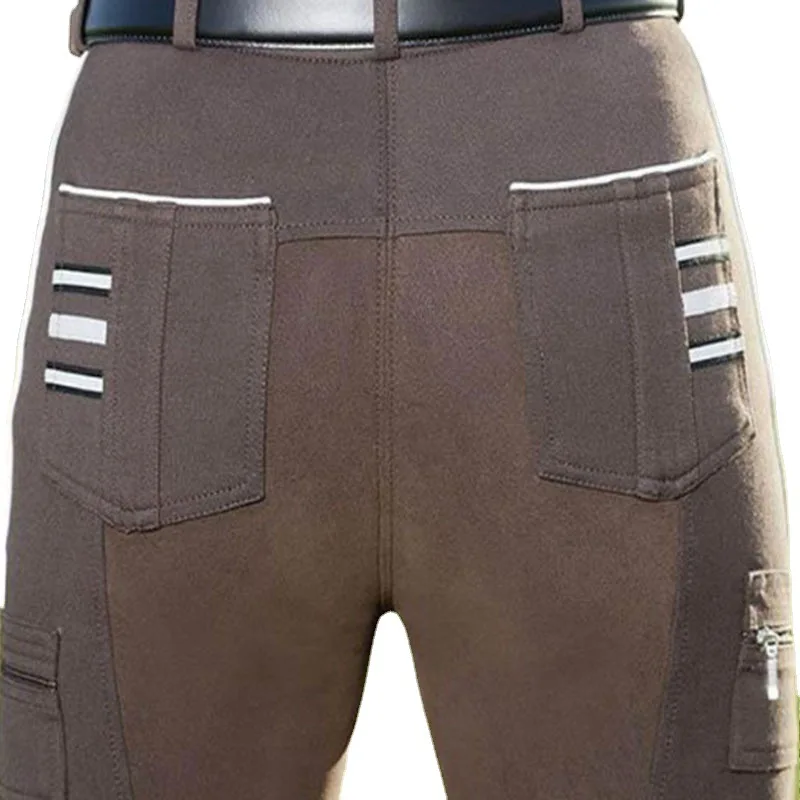 New women's multi-pocket diagonal zipper Slim thin to lift the hip elastic equestrian pants