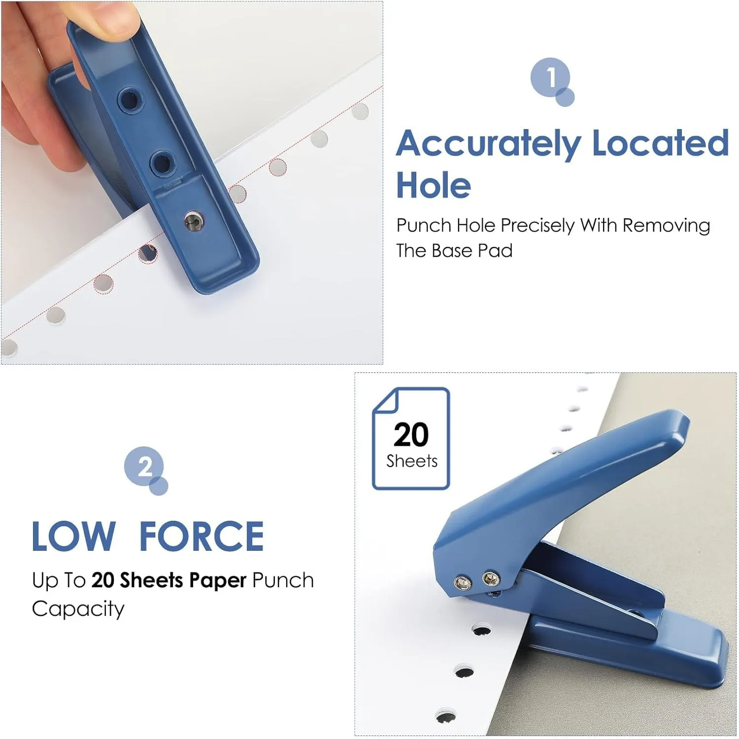 Single Hole Punch 1/4" Capacity 20 Sheet Handheld Puncher Blue Non-Skid Base Ideal for Paper Chipboard Craft Art Projects