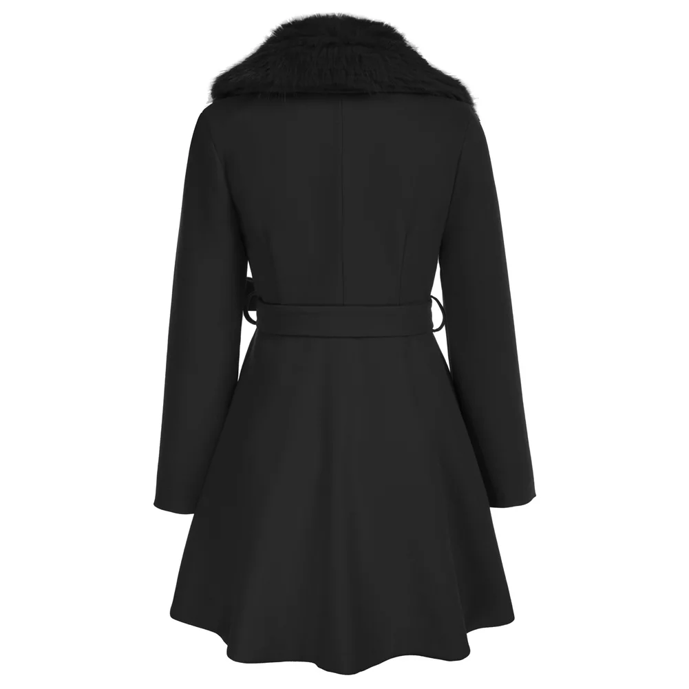 BP Women Detachable Fur Collar Overcoat With Belt Lapel Collar Knee Length Coat  Mid-Length Winter Outerwear Solid Jacket A30