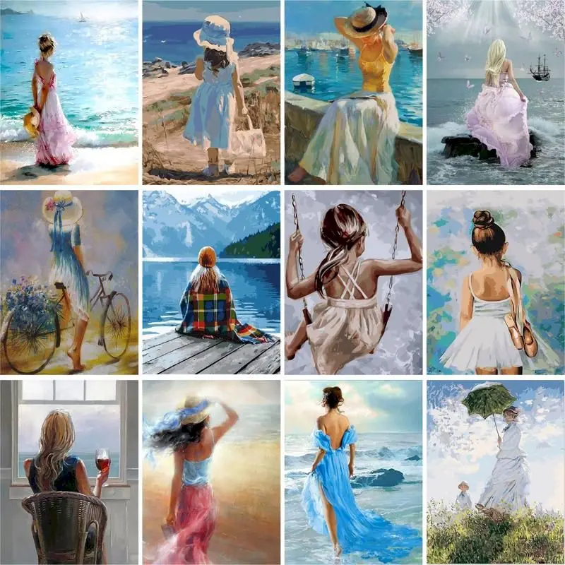 Description Picture 2 of itemGATYZTORY 60x75cm Painting By Numbers Kits Seaside Girl Figure Oil Paints Acrylic Cnavas Home Bedroom Wall Artcraft Picture
