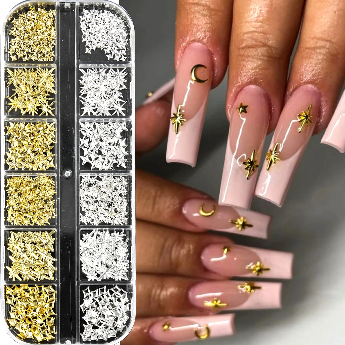 6/12Grids Gold Star Moon Metallic Rivet 3D Nail Charms Alloy Sun Moon Starlight Rhinestones Nail Studs For Nail Art Decoration 2