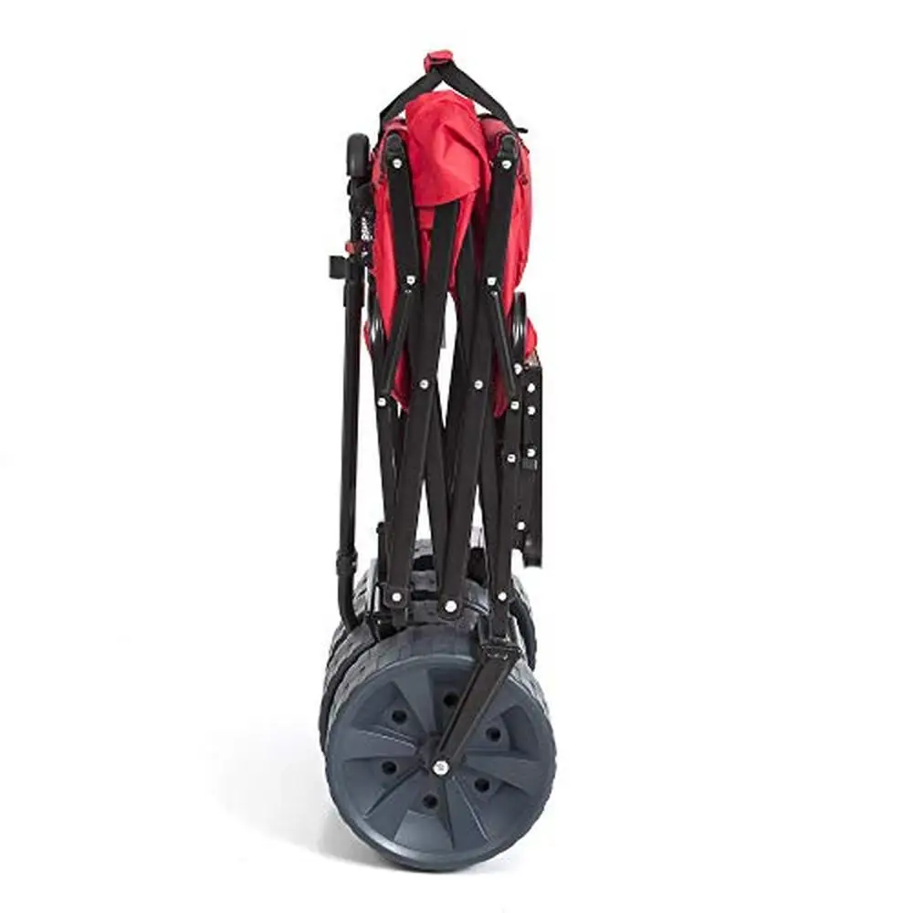 Heavy Duty Folding Utility Beach Wagon Cart Table 150lbs Capacity All Terrain Wheels Mesh Bottle Holders Red/Black Beach Days