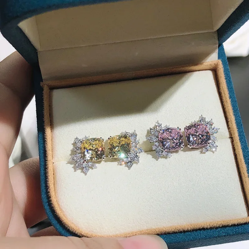 Solid 18K White Gold Platinum PT950 Fat Square Shaped Earrings Luxury Women's