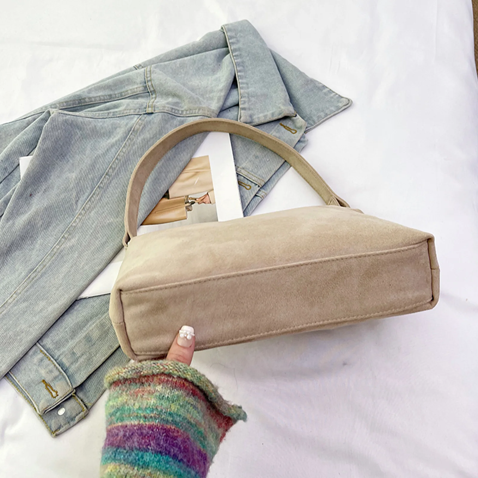 Suede Small Square Bag Zipper Closure Simple Underarm Bag Stylish Armpit Bag Travel Date Shopping Handbag