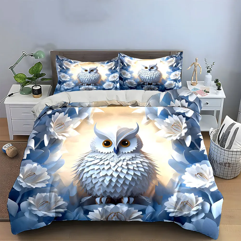 Owl Design Decorative Set Soft Skin-Friendly Bedding Set Includes 1 Duvet Cover And 2 Pillowcase, Gift 3