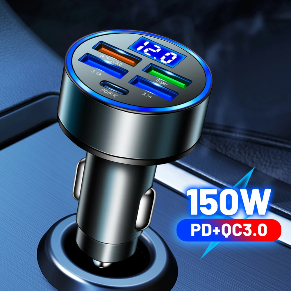 

150W Five-in-one Car Charger With Digital Display, 5-port Voltage Car Charger, One-to-five Multi-port Car Charger ABS + Aluminum