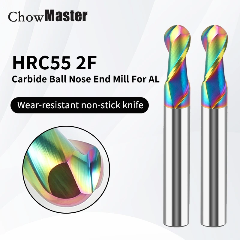 HRC55 Bunter Aluminium-Kugelkopffräser 2 Nuten 50 60 75 100 150 mm Schaftfräser aus Wolframstahl CNC-Werkzeugmaschinen