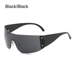 Updated Rimless Punk Wrap - Around Sunglasses - Luxury Brand Five Star Eyewear (Black - Black)