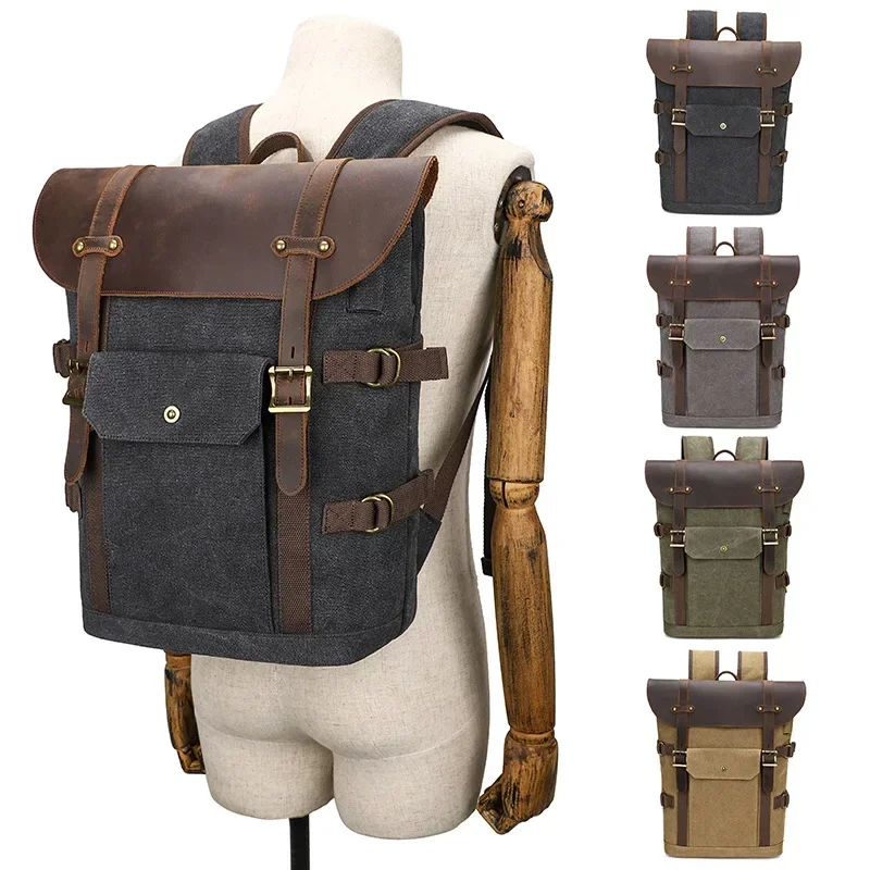 

Retro Canvas Backpack Outdoor Travel Backpack Computer Bag Men's Crazy Horse Leather Backpack with USB Interface