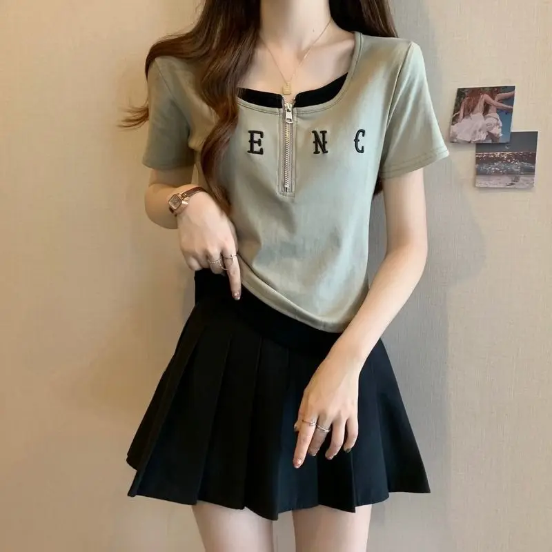 

Fashion Zipper Letter Embroidery Fake Two Pieces T-Shirts Female Clothing 2024 Summer New Loose Casual Tops Korean Tee Shirt