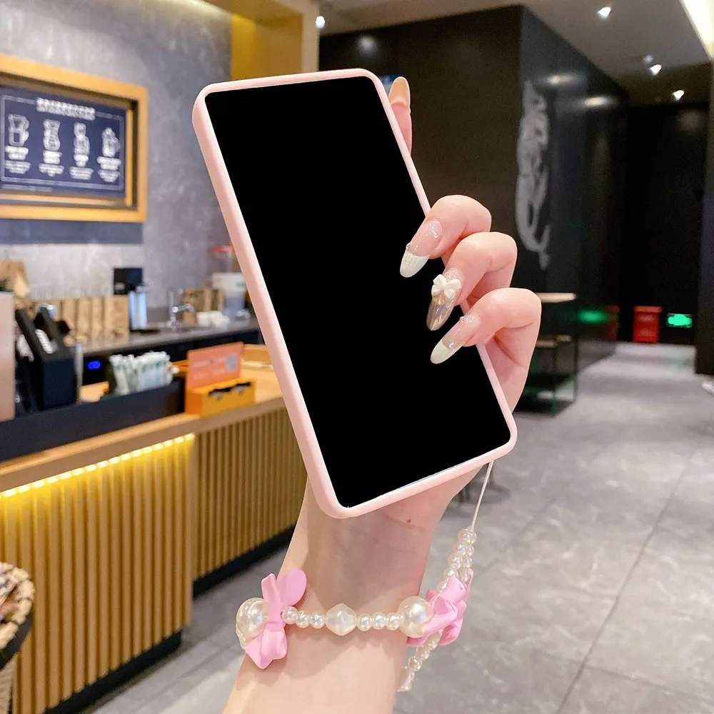 3D Pearl Pink Bow Lanyard Phone Case with Bracelet Wrist Strap - Stylish Soft Cover