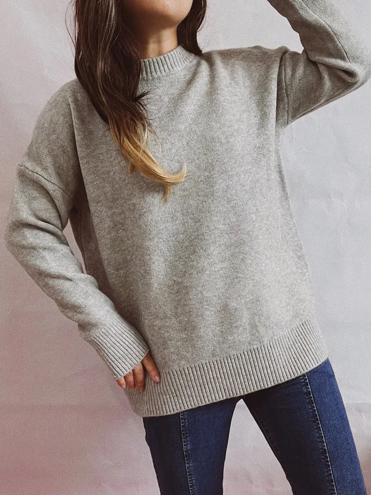 

Sweater Women Knitted Round Neck Pullover Elegant Basic Solid Color Long Sleeve Soft Casual Fashion Korean Tops Spring Autumn