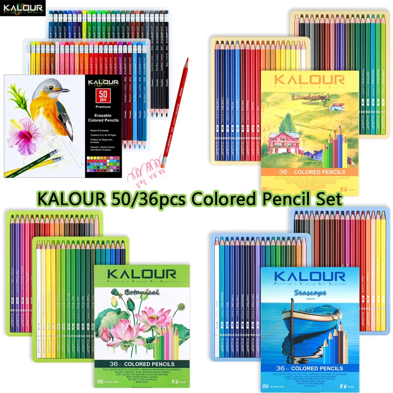 KALOUR 50색 지울 수 있는 색연필 세트, 36개 전문가용 미술 드로잉 및 ..