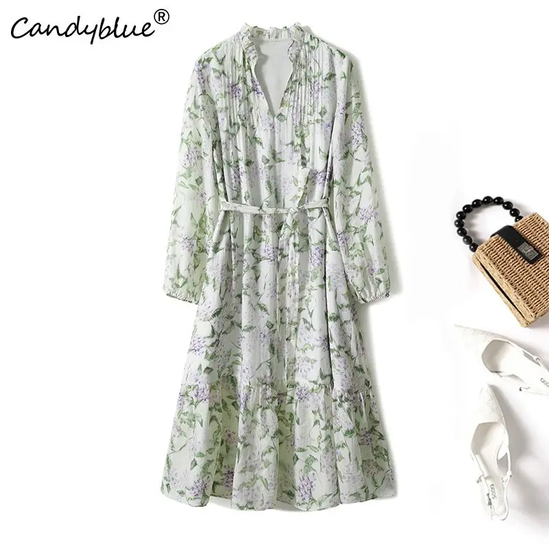 

Vintage Floral Printing Casual A-Line V-Neck Lace Up Women's Dress Korean Fashion New Long Sleeve Mid-Calf Dresses for Women