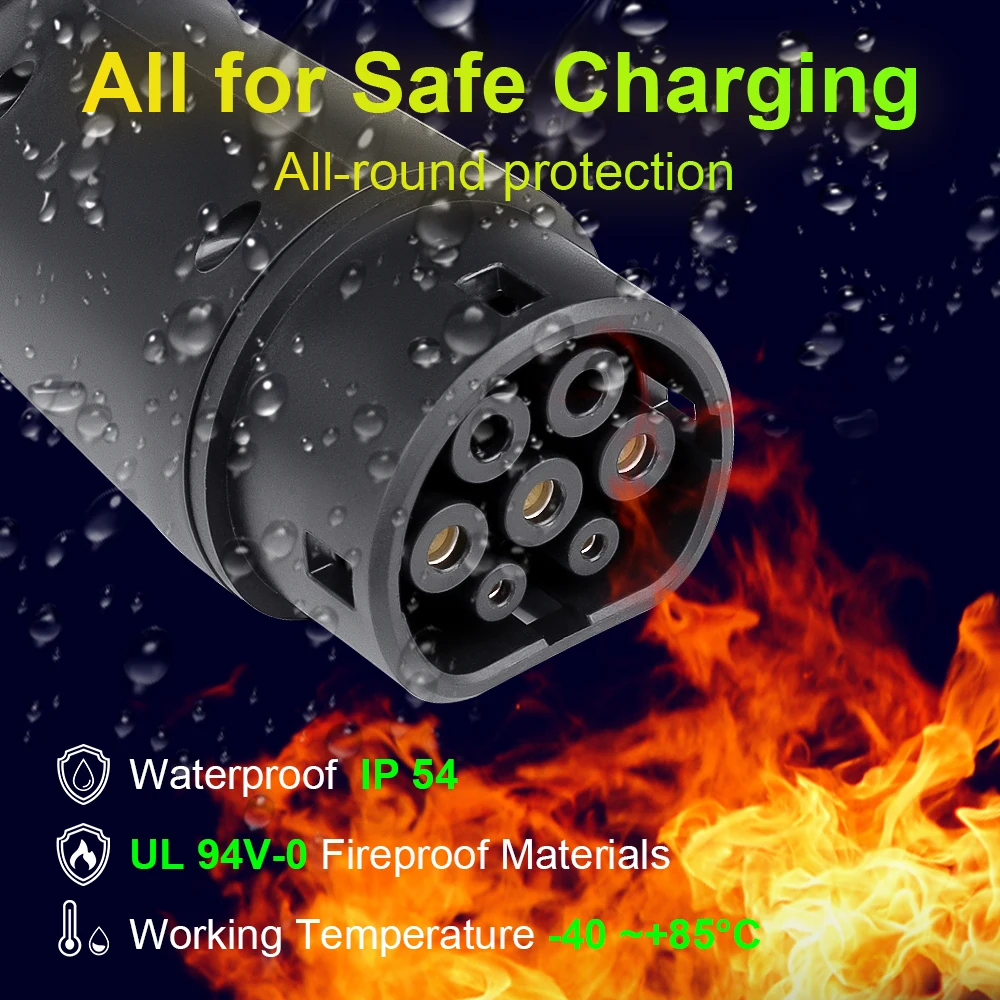 EV Charger Adapter Type1 to Type2 AC Charger Adapter 32A SAEJ1772 to IEC62196 Electric Vehicle Charging Converter Connector Plug