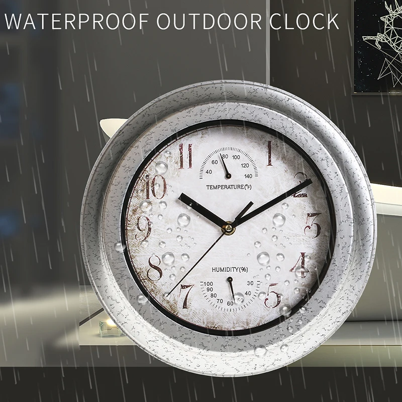 100% Waterproof Wall Clock Outdoor Bathroom Kitchen Patio Shop Living Room Decorative Wall Clock Stylish Silent Wall Clock ℉ &℃