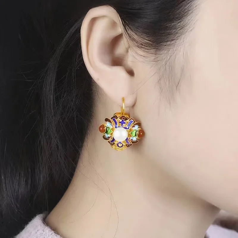 Chinoiserie Chinese Style Vintage Enamel Copper Alloy Filigree Shou Figure Earrings for Women Party Hanfu Cheongsam Wedding Gift