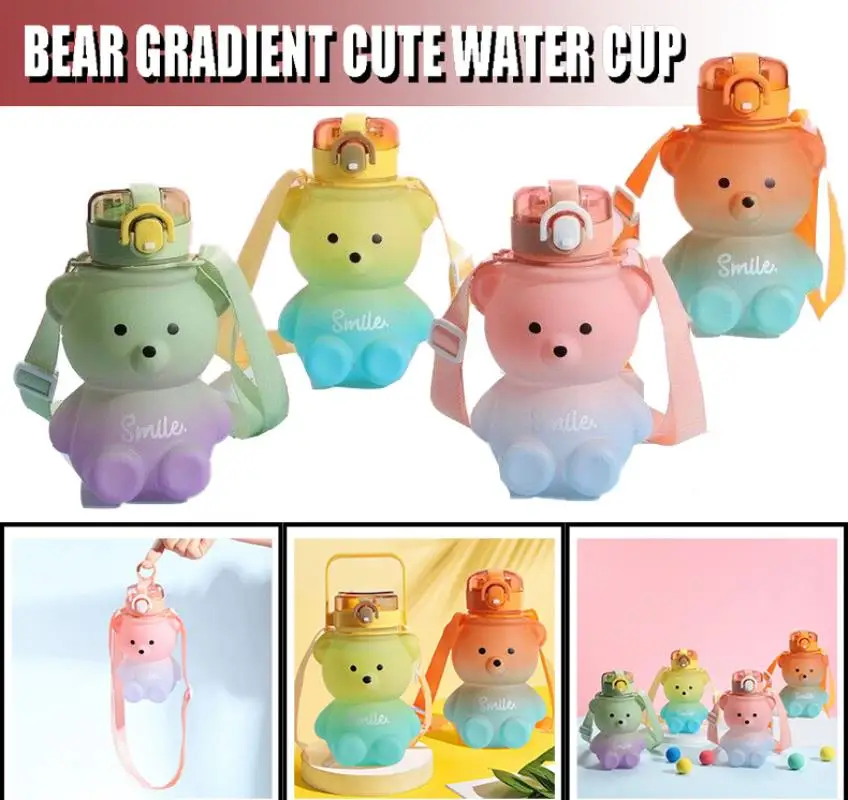 

Bear Water Bottle Kids Cute Shoulder Strap Kawaii Bear Plastic Water Drinking Bottle Large Sports School Drinking Bottle