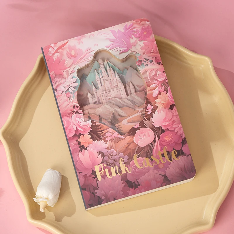 Pink Castle Creative Creative 3D Hollow Paper Carving Notebook Gift Midnight Rose Commemorative Notebook Handbook 3