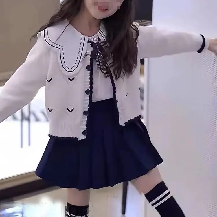 활 라펠 언더 셔츠, 러브 프린트 가디건, 단색 플리츠 스커트, 어린이 소녀 의상, 2024 용수철 가을 의류 세트, 3 개
