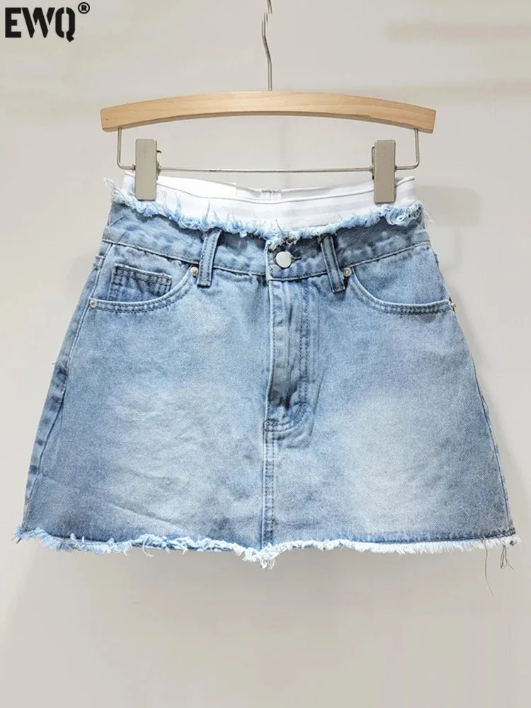 

[EWQ] Simple Splice Fake Two Pieces Elastic Waist Denim Mini Skirt Women's Tassel Ruffled A-line Skirts 2024 Spring Summer U8775