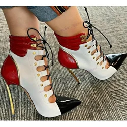 Hollow Out Metal Heel Ankle Boots Patchwork Pointed Toe Shoes for Women Thin High Heels Sexy Lady Shoes 2023 Zapatos Para Mujere