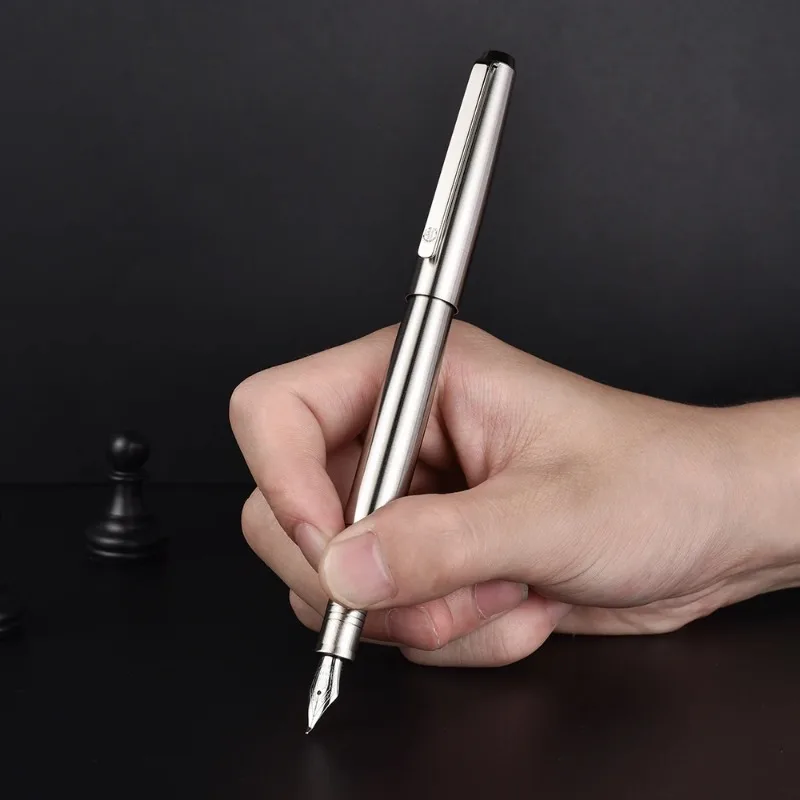 

517S Hongdian Metal Stainless Steel Silver Fountain Pen EF/F/Bent Nib Excellent Writing Gift Ink Pen for Business Office Home