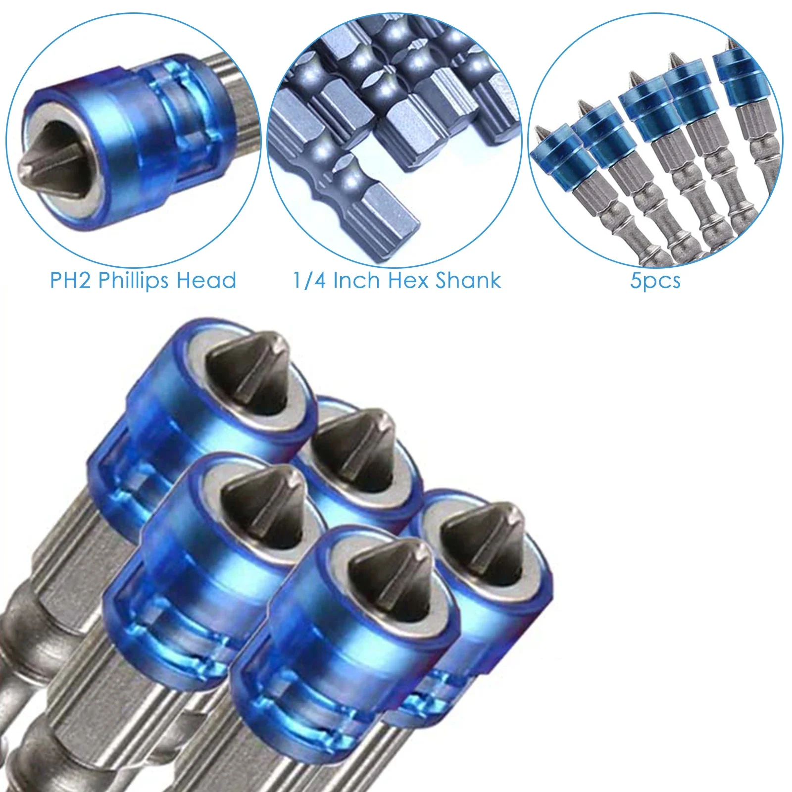 

5Pcs/set 65mm Magnetic Drill Bit 1/4" Hex Shank S2 Steel Cross Head Electric Screwdriver Set Alloy Steel Screwdriver Bit