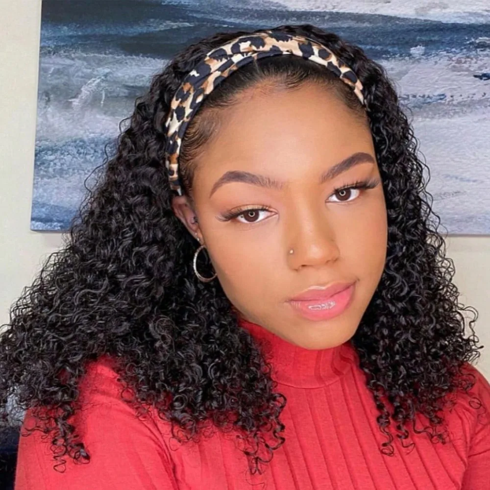 Curly Headband Wig 20 Inch Deep Wave Glueless Wigs Human Hair Put On And Go Wig 200% Density Deep Curly Wig Natural Color